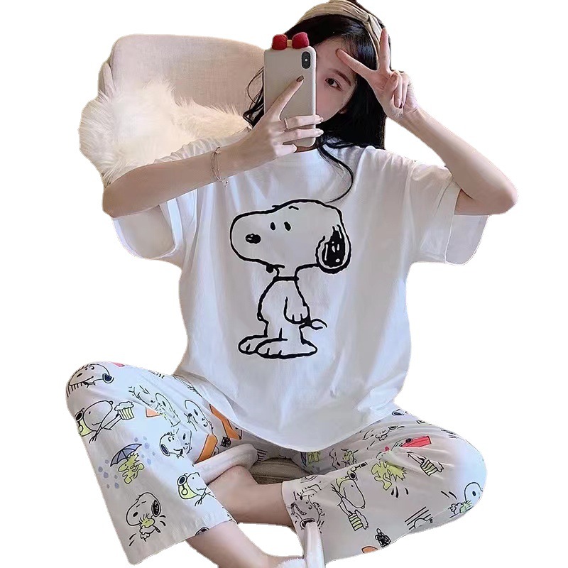 Pijamas de manga corta y pantalón largo para mujer, estilo veraniego 2025, delgado, holgado, lindo, conjunto de dos piezas para estar en casa, que también se puede usar en el exterior.