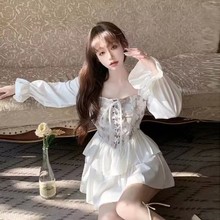 水墨扎染不规则连衣裙女春夏设计感小众一字肩收腰绑带宫廷蓬蓬裙