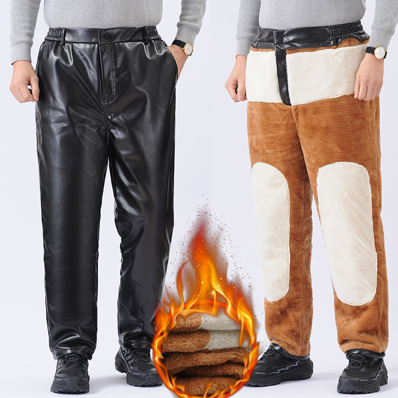 Men's Winter Leather Pants with Fleece Lining, Thickened, Waterproof, Windproof, Warm, Suitable for Riding, Motorcycle Driving, Loose Fit, Work Cotton Pants