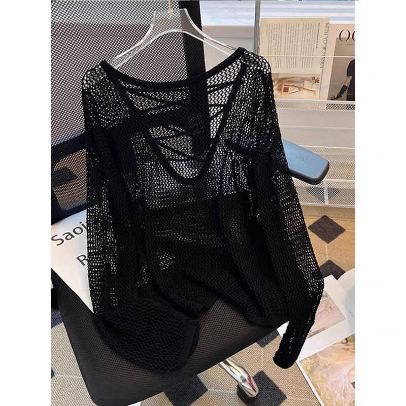 黑白条纹冰丝针织衫女夏网衫长袖宽松慵懒风防晒罩衫辣妹镂空上衣