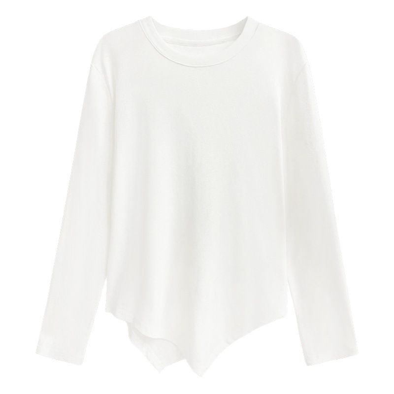 Primavera y otoño nueva suelta adelgazamiento de moda casual drapeado Camiseta asimétrica básica de cuello redondo de manga larga para mujer image 1