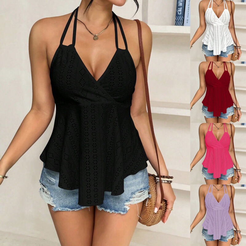 In-Stock European and American Women's Halter Neck Tank Top with Cutout Lace-Up Design Amazon Temu 240301 Stylish for Work Commute