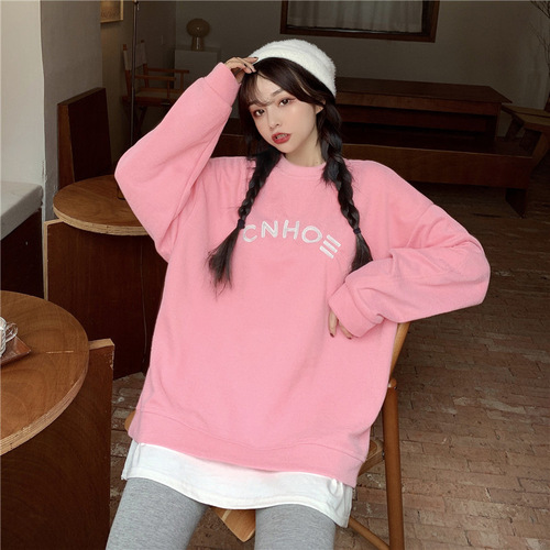 2025 Autumn/Winter New Korean Style Slimming Student Sweet Plus Size Ins Loose Letter Print Hooded Crew Neck Sweatshirt