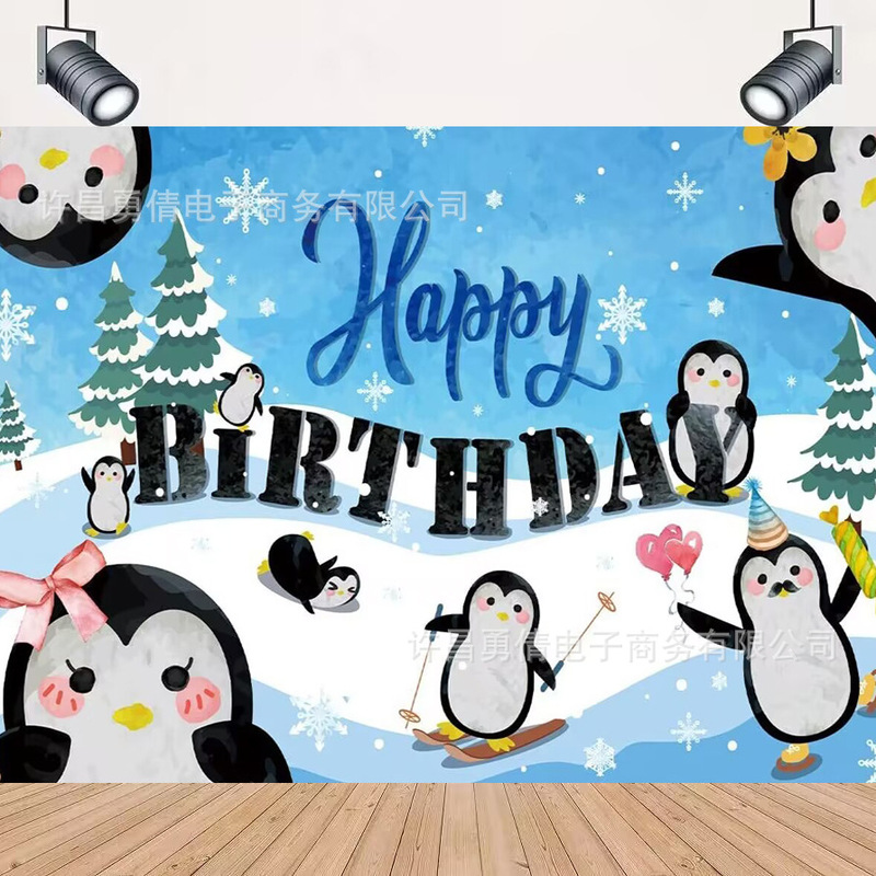 Cross-border new cartoon penguin winter photography background cloth children's birthday party decoration props banner hanging
