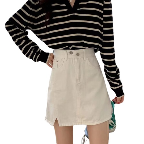 High-waist denim short skirt for women spring and autumn new style a-line skirt slim and versatile large size black hip-covering slit skirt