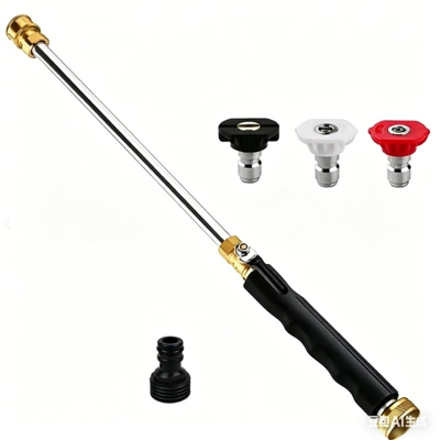 water gun high pressure cleaning: Car cleaning tools - black-water-gun-yellow-valve-female-head-red-white-and-black-nozzle-tape-2-gaskets-blue-quick-connector