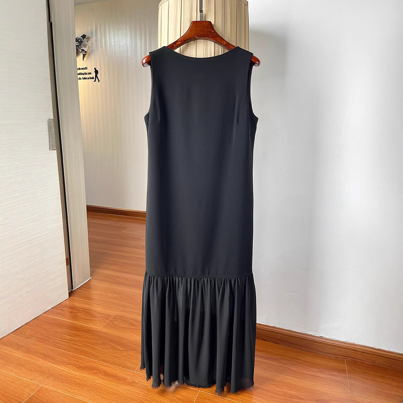 Elegant feminine acetate hemp stitching mesh dress summer loose belly covering sleeveless A- line vest skirt long