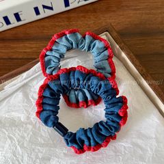 时尚百搭红蓝格纹花边牛仔蓝发圈少女甜酷发绳扎发皮筋高马尾头饰