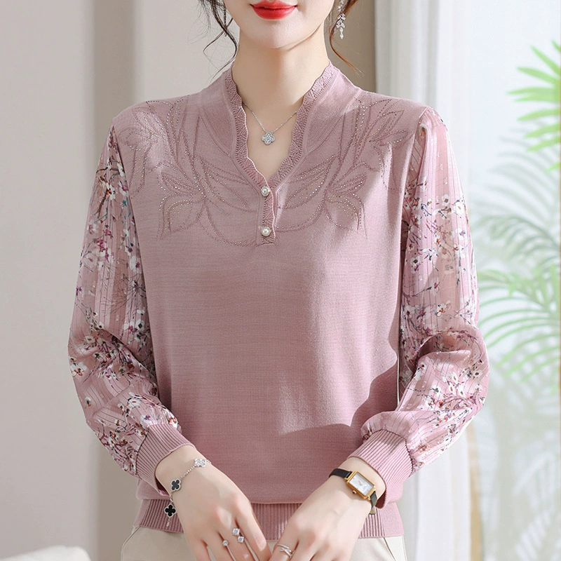Весенняя одежда для женщин, прозрачная блузка с длинными рукавами, топ для женщин среднего и старшего возраста, стильная весенне-осенняя трикотажная футболка с длинными рукавами, тонкая блузка.