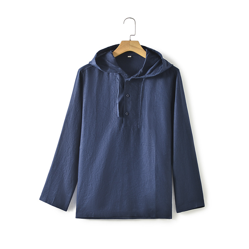 2024 nueva primavera y otoño de lino flojo color sólido con capucha casual Camisa E012