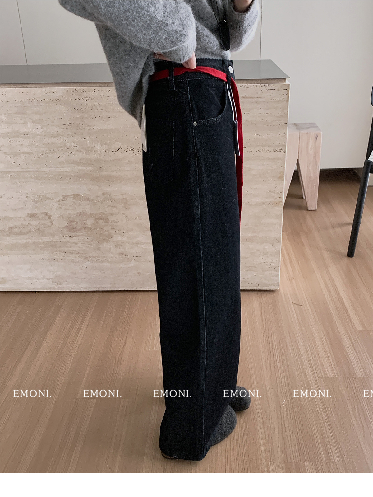 EMONI black and gold fleece jeans with belt for women 2024 Winter new Korean style straight-leg casual pants 63614 pic 9