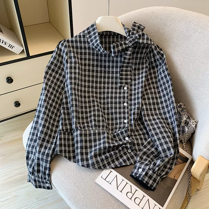 韩系复古格子甜美系带衬衫女秋季新款宽松显瘦百搭长袖上衣