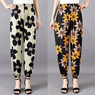 Summer New Women's Floral Pants, Cool Ice Silk Lantern Pants, Thin Women's High-Waisted Casual Leggings Nine-Point Pants