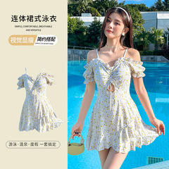 Sweet One-piece Swimsuit Women's Off-Shoulder Skirt Style 2023 New Small Breast Push-Up Slim Floral Swimsuit Wholesale