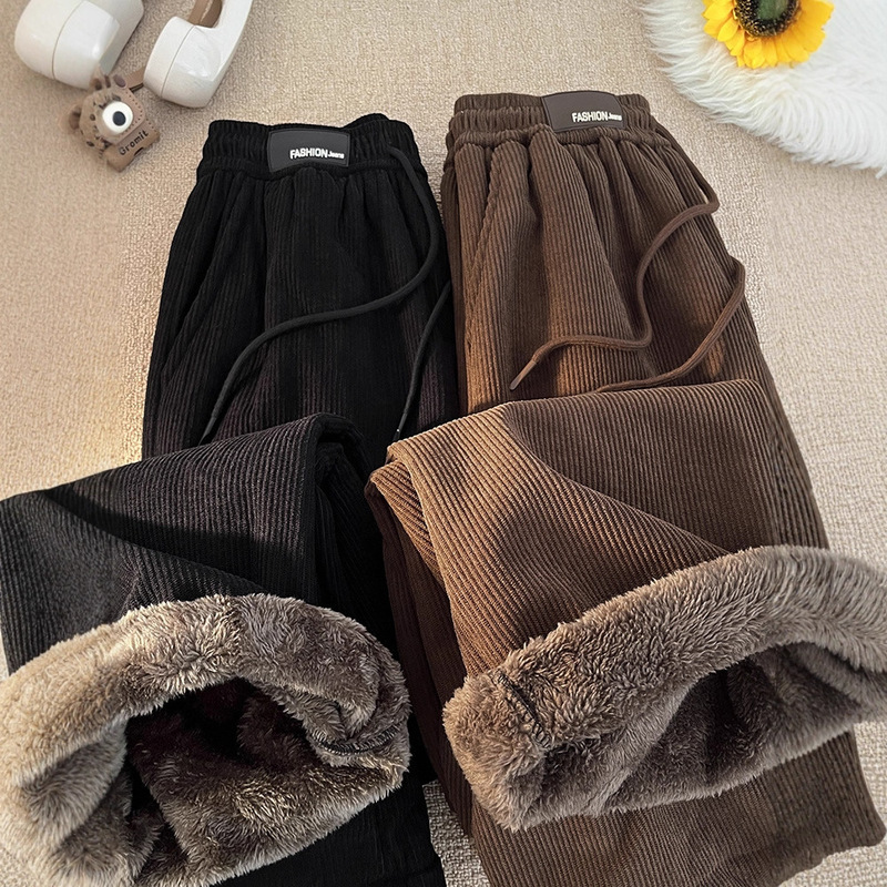 2025 Winter New Fleece-Lined Thickened Lamb Wool Pants Wide-Leg High-Waist Slimming Versatile Straight Corduroy Sweatpants