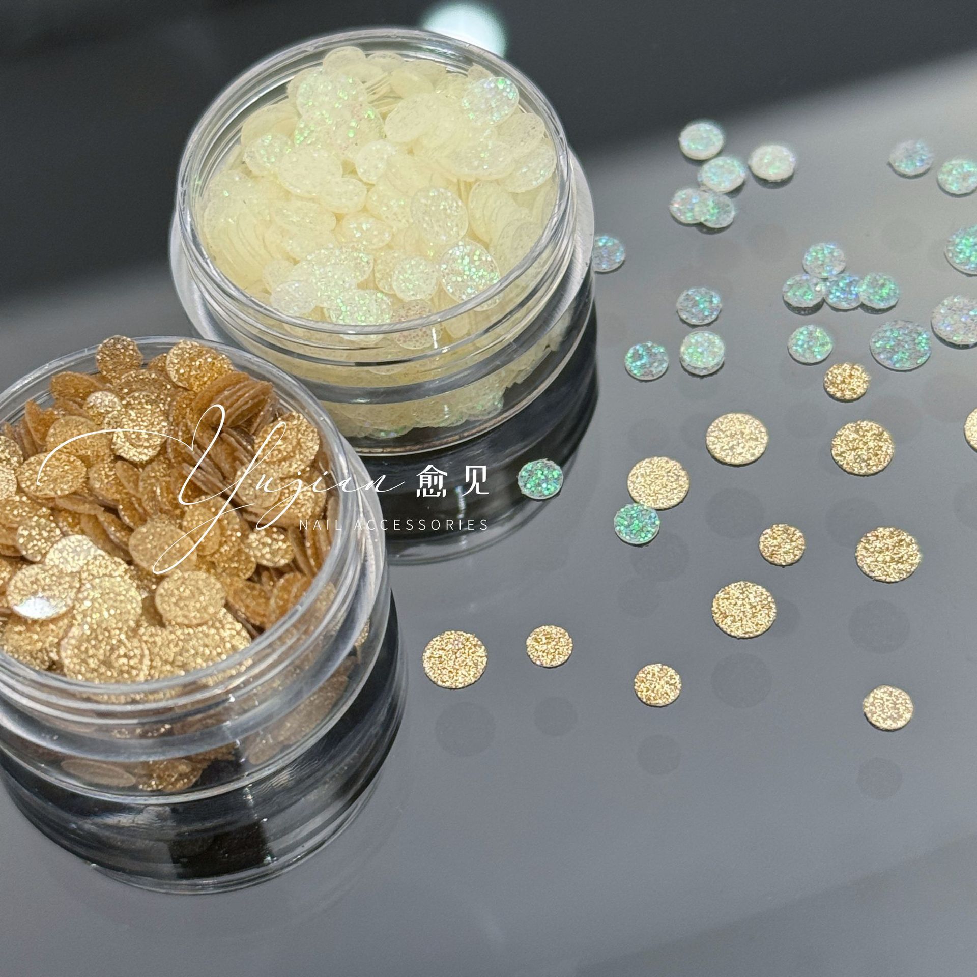 2+3mm圆形闪粉厚亮片金粉偏光香槟色ins风百搭美甲创意饰品素材