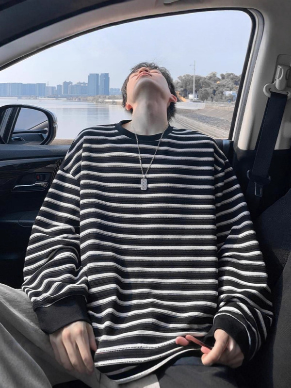 黑白条纹长袖T恤男春秋潮牌美式圆领衣服宽松痞帅重磅内搭打底衫|undefined