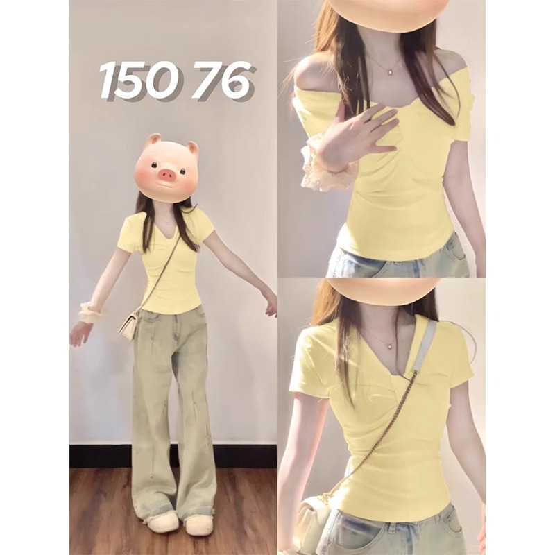 ミルクイエローの右肩半袖ワンショルダーショートトップフレンチVネックスリムTシャツレディース夏の美しいドーパミンウェア|undefined