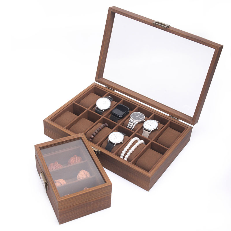 Retro Walnut Wood Grain Watch Storage Box Glass Skylight Home Storage Display Box Multi-Position Watch Collection Box