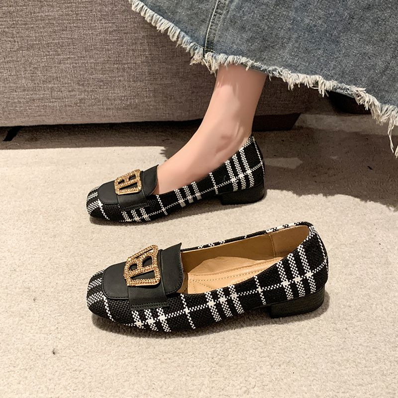 Chanel Style Plaid Color Matching High-heeled Shoes for Women 2025 Spring and Summer New Arrival Metal Buckle Fashionable All-match Chunky Heel Shallow Mouth Single-layer Shoes