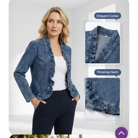2026 Summer Women's Ruffled Denim Vest, Cross-Border Trade Long-Sleeve Unbuttoned Cardigan Jacket