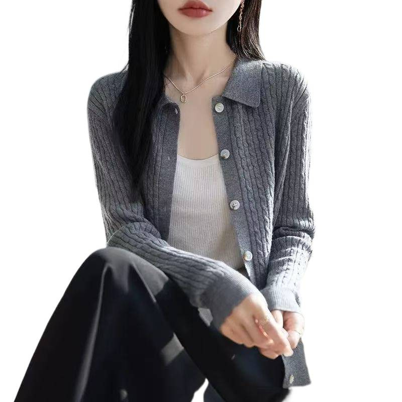 Primavera y otoño Polo cuello de punto de cashmere de color sólido Cardigan de mujer estilo coreano suéter de estilo universal abrigo suelto de torsión con manga larga