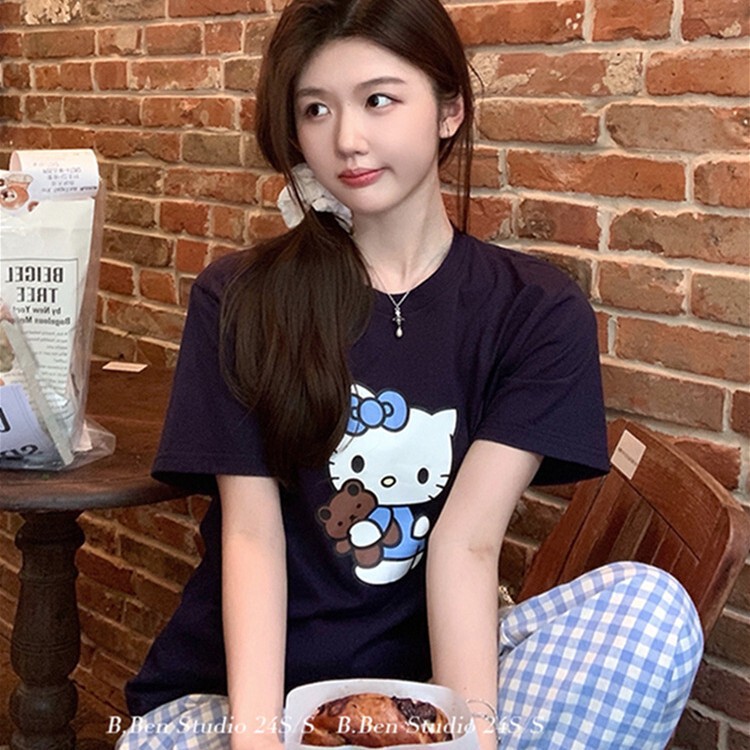 Korean Style Sweet KT Cat Print Chic Pajamas Women's Summer New Arrival Women's Elegant Niche Home Clothes for suit Women