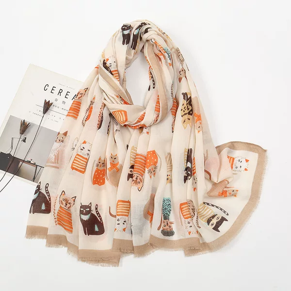 Hot-Selling Autumn and Winter Cotton and Linen Feel Scarf, New Cute Cartoon Animal Cat and Dog Warm Shawl, Women's Polyester Scarf