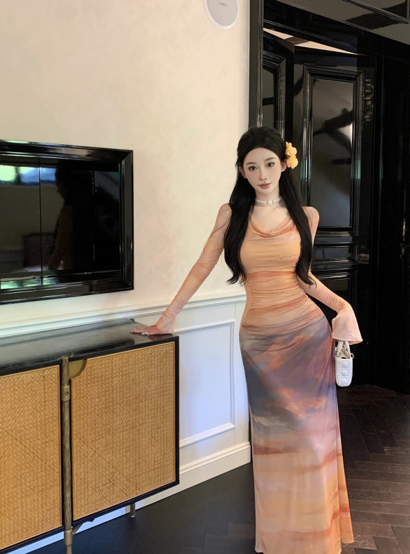 落日裙茶歇法式气质扎染印花荡领网纱御姐风连衣裙海边度假长裙子|undefined