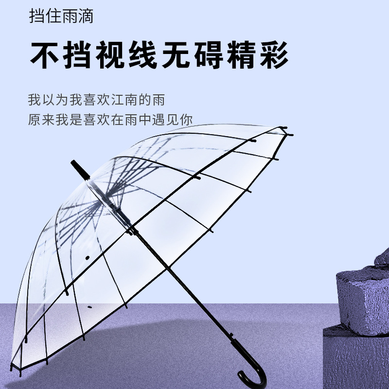 16-bone transparent umbrella wind-resistant automatic solid color small fresh Internet celebrity advertising umbrella LOGO gift transparent straight umbrella