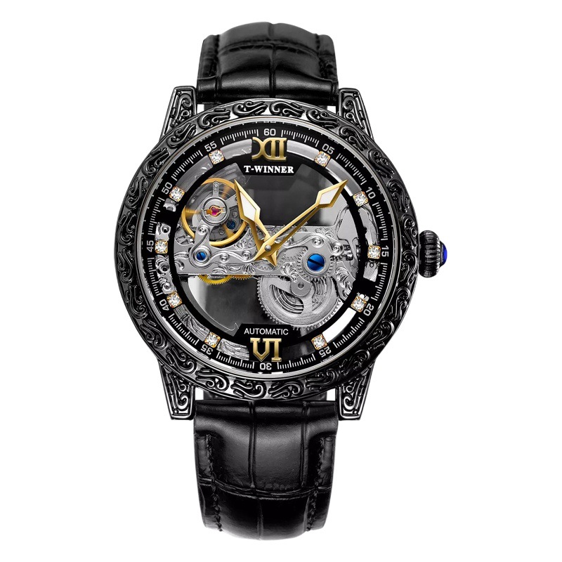 Ganador de estilo europeo de los hombres de moda retro tallado de ocio hueco movimiento mecánico reloj mecánico automático