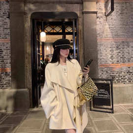 荡领羊毛双面呢大衣女冬季高级感短款羊毛小个子毛呢外套