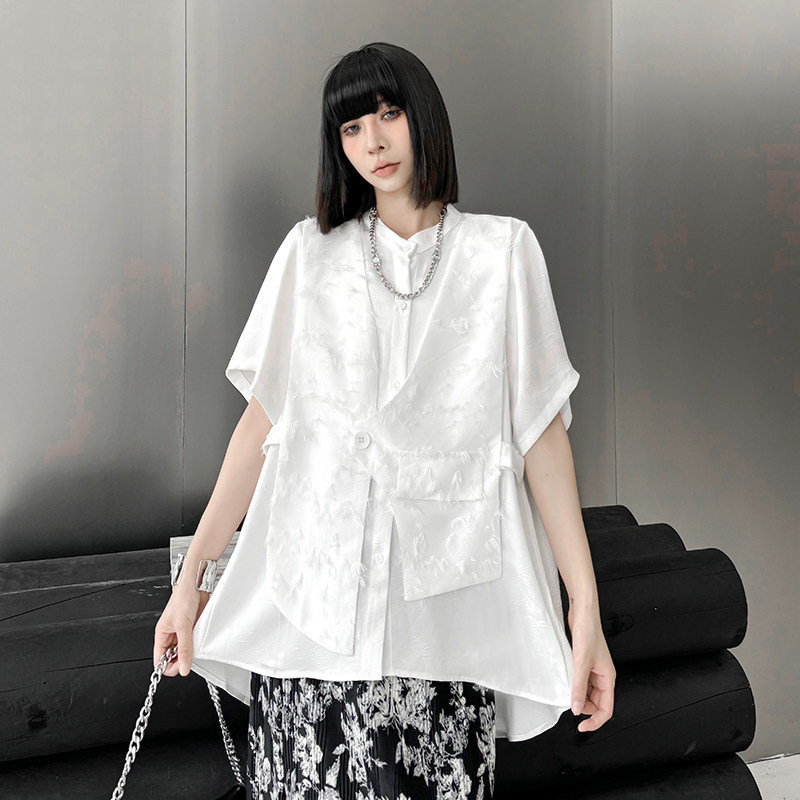 New Chinese-Style Niche Design Fake Two-Piece Shirt for Women, Summer Style, New Fashion, Casual, Western-Style Short-Sleeved Top