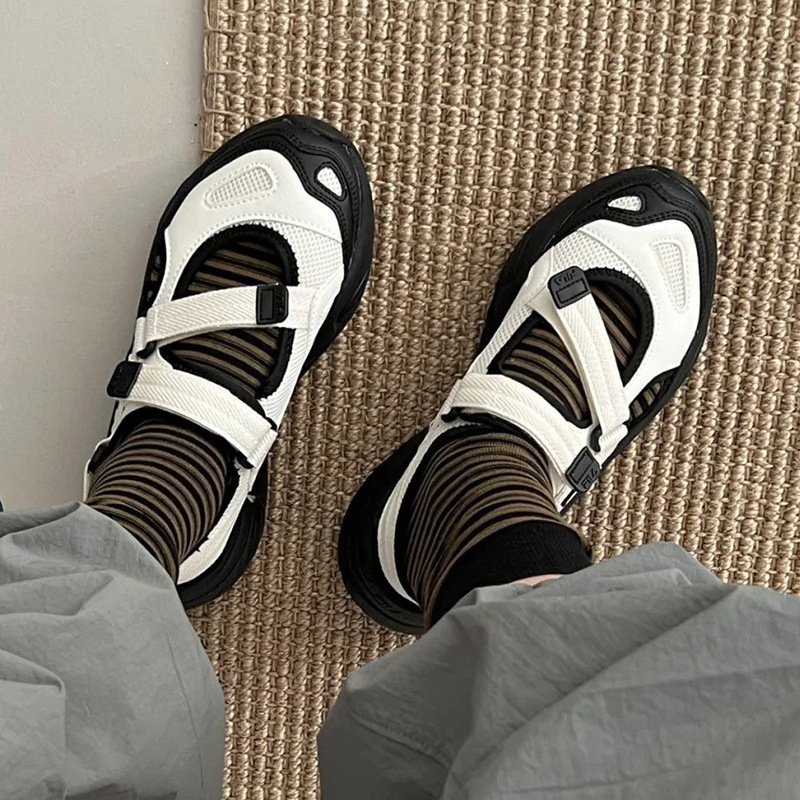 Mary Jane Sandals for Women 2026 Summer New Korean Style Casual Velcro Beach Shoes with Closed Toe and Color-Blocking Design