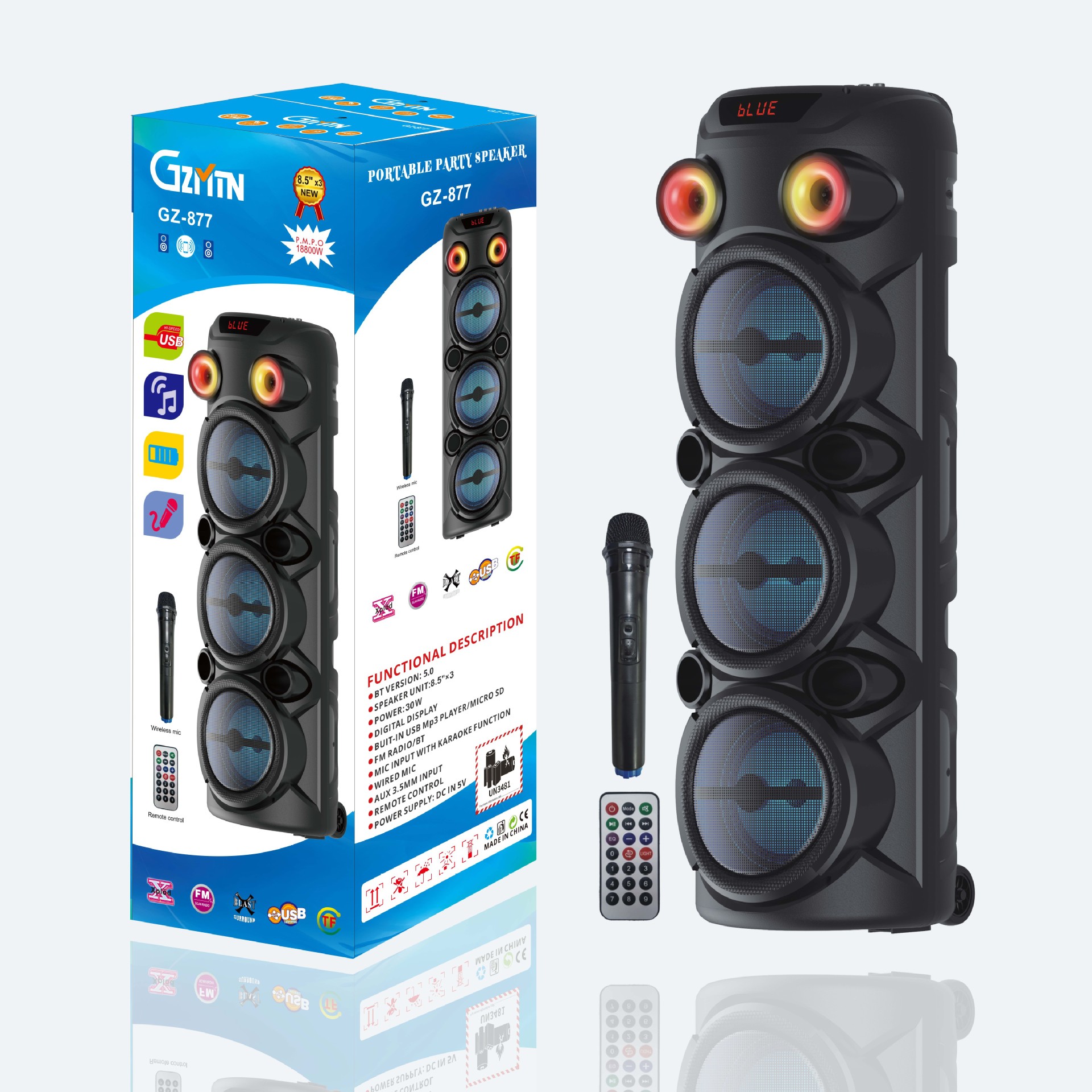 El comercio exterior explosivo GZ - 877 altavoz bluetooth tres subwoofer portátil de 8 pulgadas al aire libre K-canción micrófono inalámbrico de alta potencia