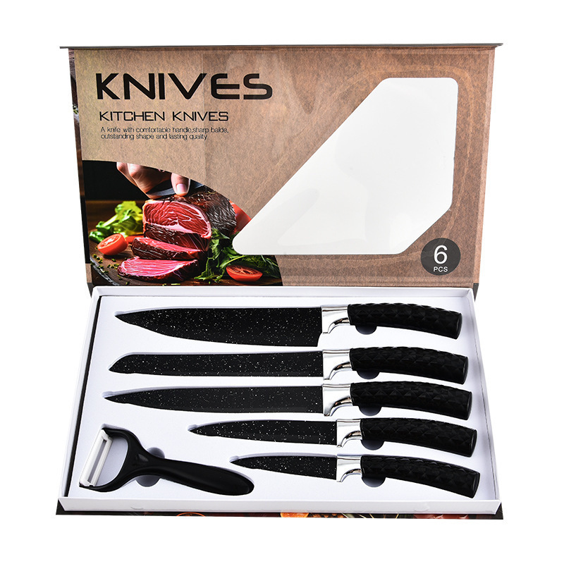 Cuchillo de mango de diamante de acero inoxidable 6 piezas cuchillo negro cuchillo de fruta cuchillo de cocina cuchillo de cocina cuchillo de cocina caja de regalo