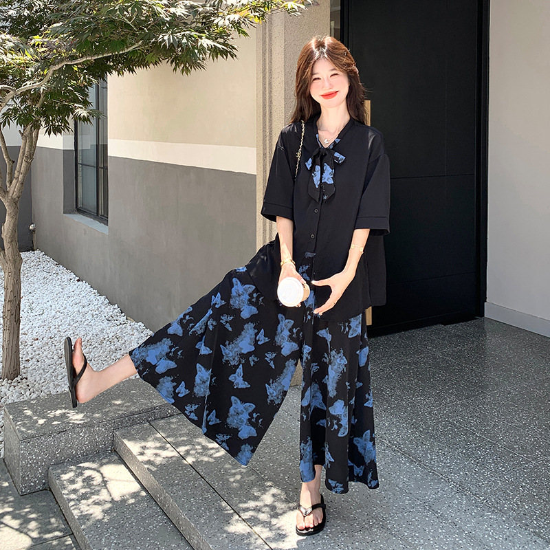 2025年夏季新款法式绝美蝴蝶碎花阔腿长裤两件套休闲气质衬衫上衣