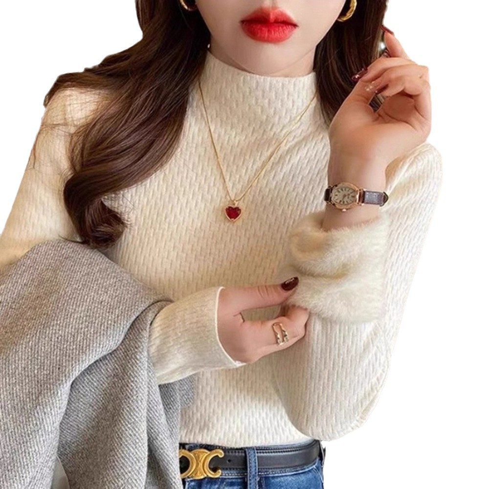 가을과 겨울 반 높이 칼라베이스 셔츠 여성용 스웨터 기모 한국식 슬림핏 인테리어 서양식 스웨터 여성용 따뜻한 탑