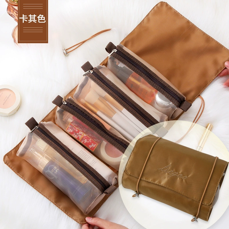 Detachable Handheld Cosmetic Bag, Foldable Organizer with 4 Mesh Zip Pouches, 24×15×1.5 cm