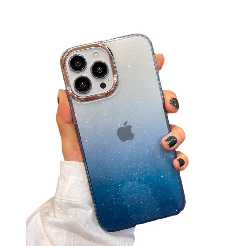 Apple 17 Pro Max用星空グリッターグラデーションスマホケース、iPhone 16用電気メッキレンズリングPC保護ケース|undefined