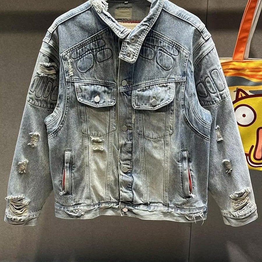 Men's Clothing Spring and Autumn New Slim Fit Ripped Denim Jacket Non Stretch Denim Jacket Top Lapel Jacket Retro Denim Clothes_voghion.com