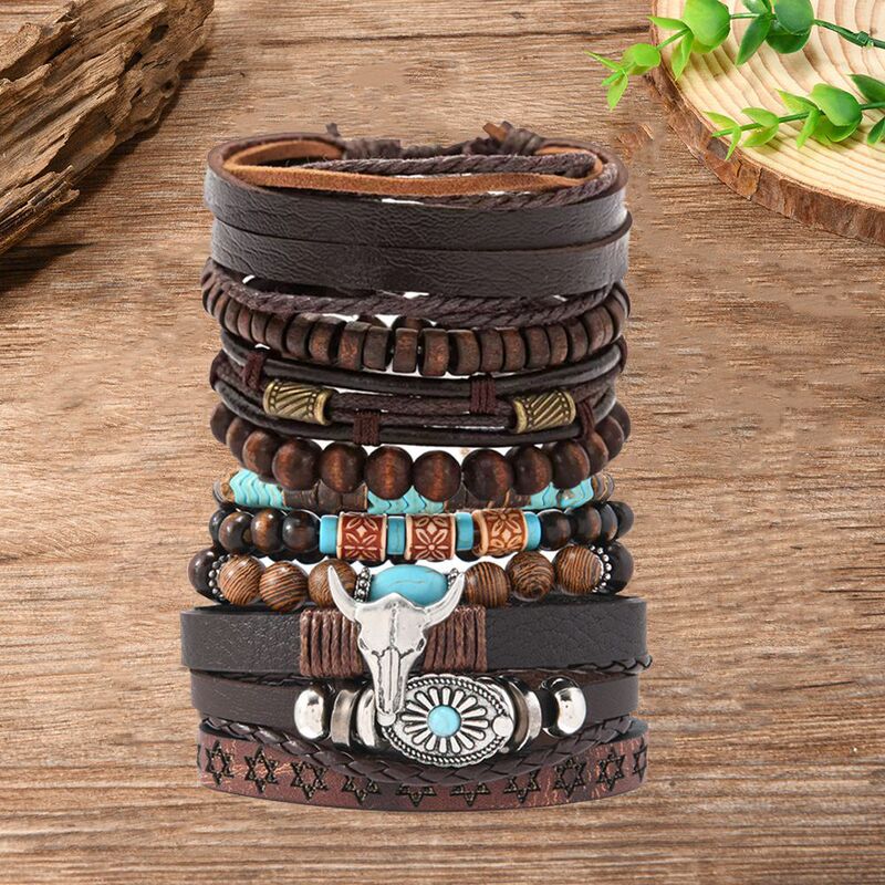 10Pcs Vintage Bull Head Turquoise Chicken Wing Wood Creative Wooden Bead Bracelet Set Gift for Friends Beaded Wholesale