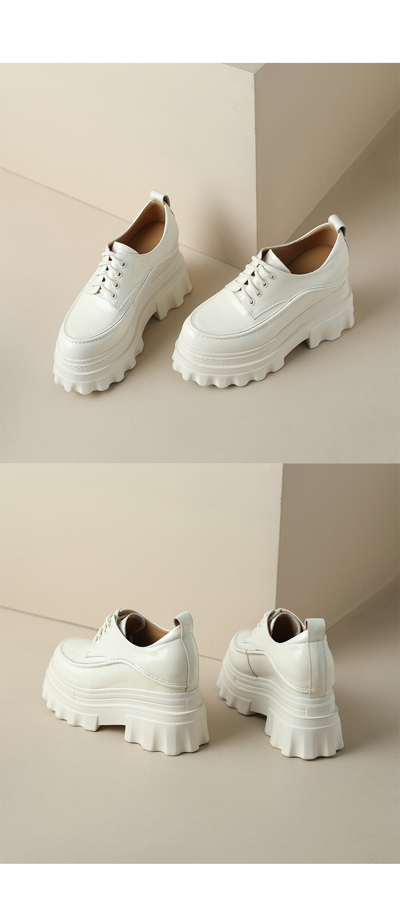 Giày loafer nữ đế xuồng cao gót 10cm, mũi tròn dây buộc, phong cách trẻ trung — màu be chi tiết 12