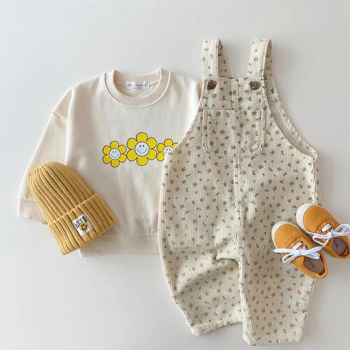 Korean style children's clothing for infants and toddlers in spring and autumn new floral denim cute suspenders baby casual sports trousers