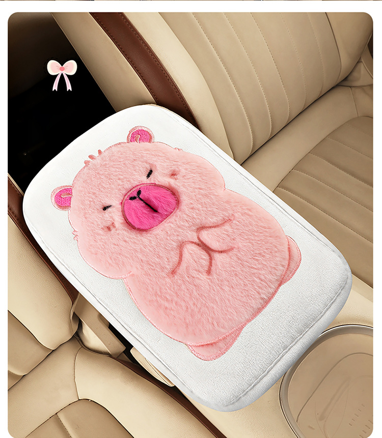 Car Armrest Box Mat Cute Capibara Cartoon Plush Mat Middle Car Central Armrest Elbow Rest Universal Model