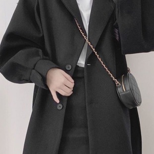 Autumn and Winter Trendy Mid-Length Hepburn Style Petite Trench Coat Fashion Korean Woolen Coat Women Black New 2025