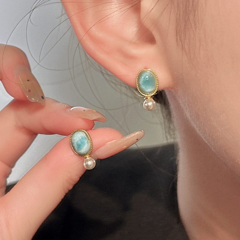 Pendientes de piedra natural marina, plata de ley s925, estilo francés, frescos, retro, delicados, accesorios para mujer aptos para el día a día, elementos geométricos