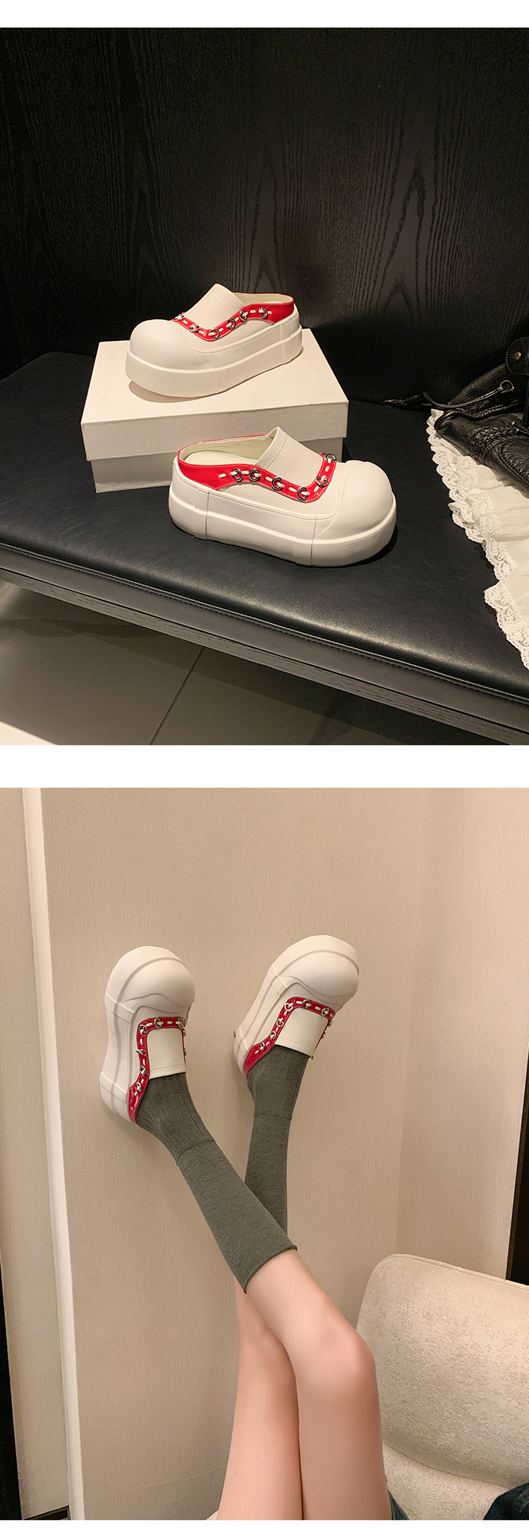 Giày sneaker nữ đế dày mũi to slip-on da thật phối màu — màu đen, màu trắng chi tiết 17