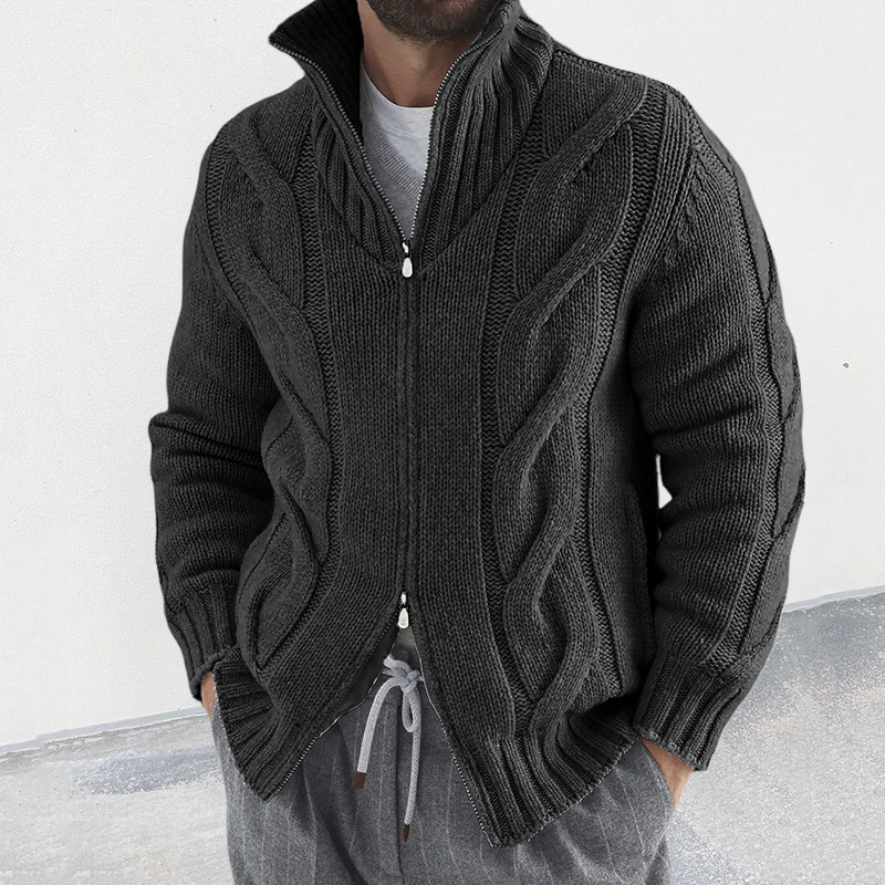 2025 Autumn Winter New High Collar Sweater Cardigan European American Style Cable Zipper Long Sleeve Knitted Jacket_voghion.com