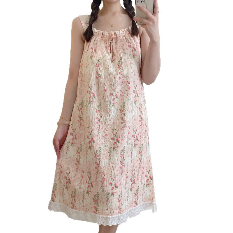 Nubes de verano, gasa de algodón, almohadilla para el pecho, camisón, camisón, verano femenino, dibujos animados de longitud media, ropa dulce para el hogar, pijamas, uso externo